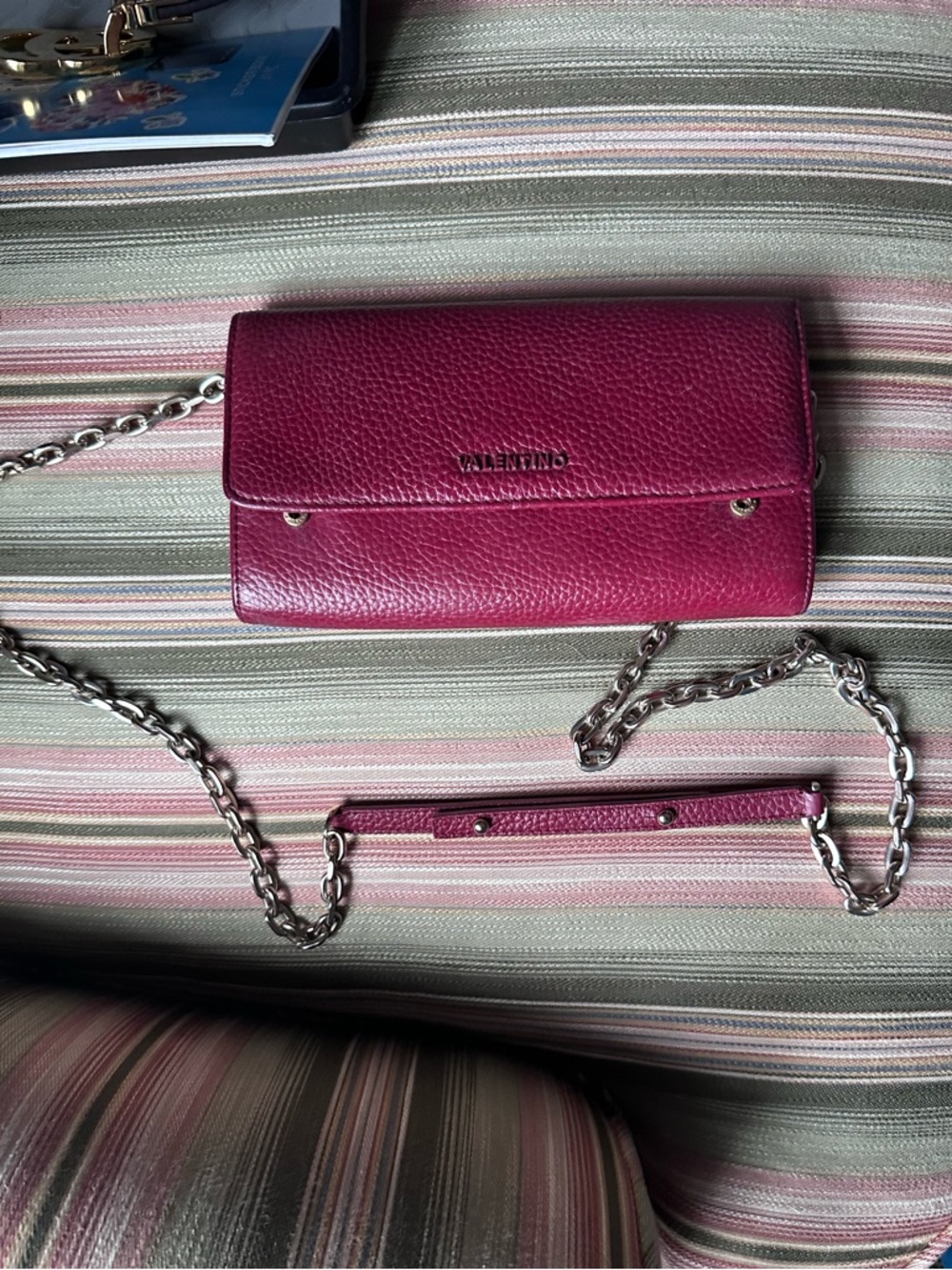 Valentino Fuchsia Leather Crossbody Wallet with Silver Chain